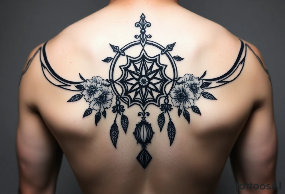 Boho dream catcher with gothic compass and hourglass. Beautiful flowers and an ornamental chandelier like look tattoo idea