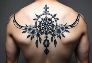 Boho dream catcher with gothic compass and hourglass. Beautiful flowers and an ornamental chandelier like look tattoo idea