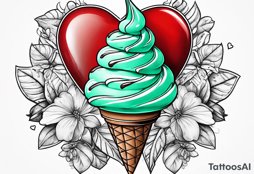 mint chocolate chip ice cream cone with small red heart on it somewhere. tattoo idea