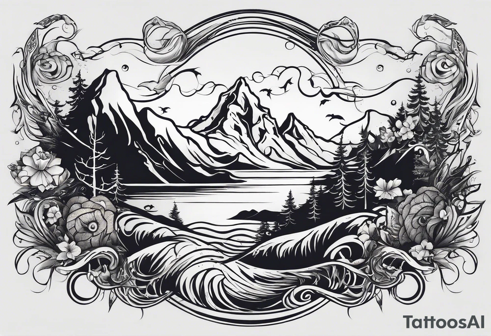 This is a tattoo that is split into 2 sections; a top half and a bottom half. The top half is a mountain in Norway with a mountain bike trail winding down the mountain. The bottom half of the tattoo depicts an underwater scene featuring water, and sea life. tattoo idea