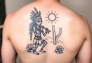 Kokopelli playing flute in desert scene in front of a cactus with sun in the air tattoo idea