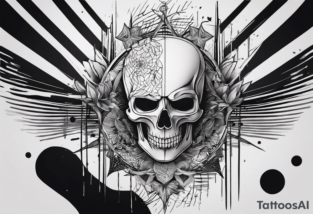 Minimalistic tattoo design that symbolizes the lyric "the lines you're afraid of are all made up". it can include a skeleton dancing on lines. tattoo idea
