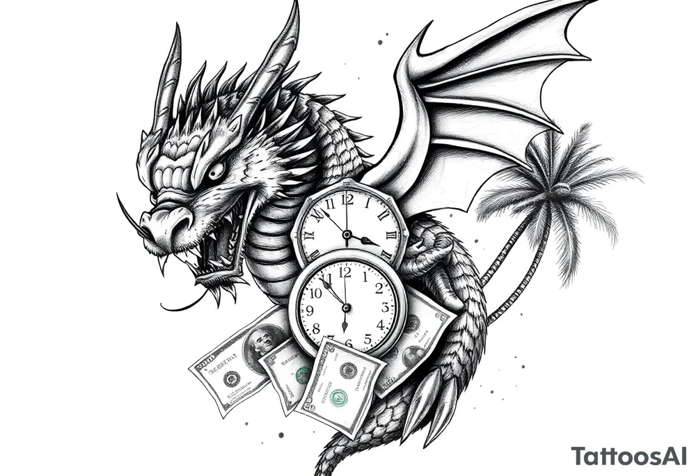 Horror dragon tattoo with clock, dollars and palm tree on background tattoo idea