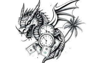 Horror dragon tattoo with clock, dollars and palm tree on background tattoo idea