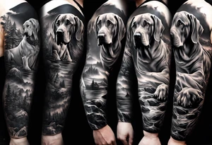 Full arm sleeve. Four Great Danes together exploring waterfall tattoo idea