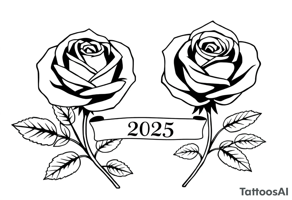 two beautiful large rose buds, one larger than the other, with many leaves next to the rose buds, with one sitting higher than the other. Include a banner connecting the two roses with the year 2025 on it.   Use dark outlines with little shading. The two stems should be short, not long, and connect and join into one stem, whimsically curved or twisted - not straight down. tattoo idea
