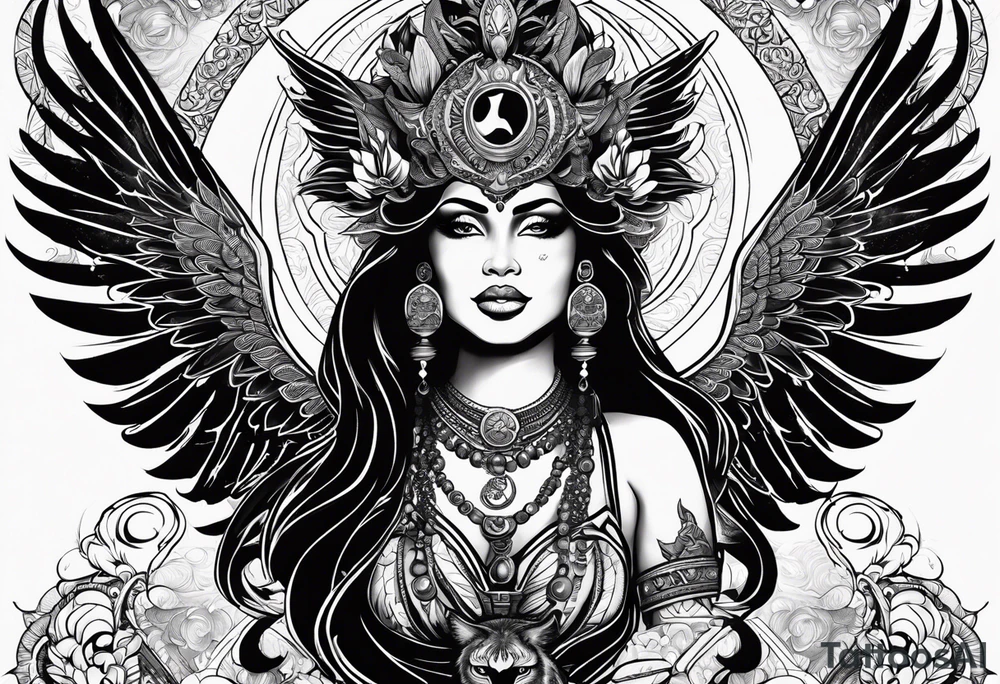 black kali, goddess pirate, alien, angel, pachamama, valkrye, warrior, flying, skull, lotus azul, wing, eagle, zenza resonance, stars, 5D, anahata chakra, death, durga, riding on a tiger, flying lady, kundalini, chest tatoo, samuri, rebel tattoo idea