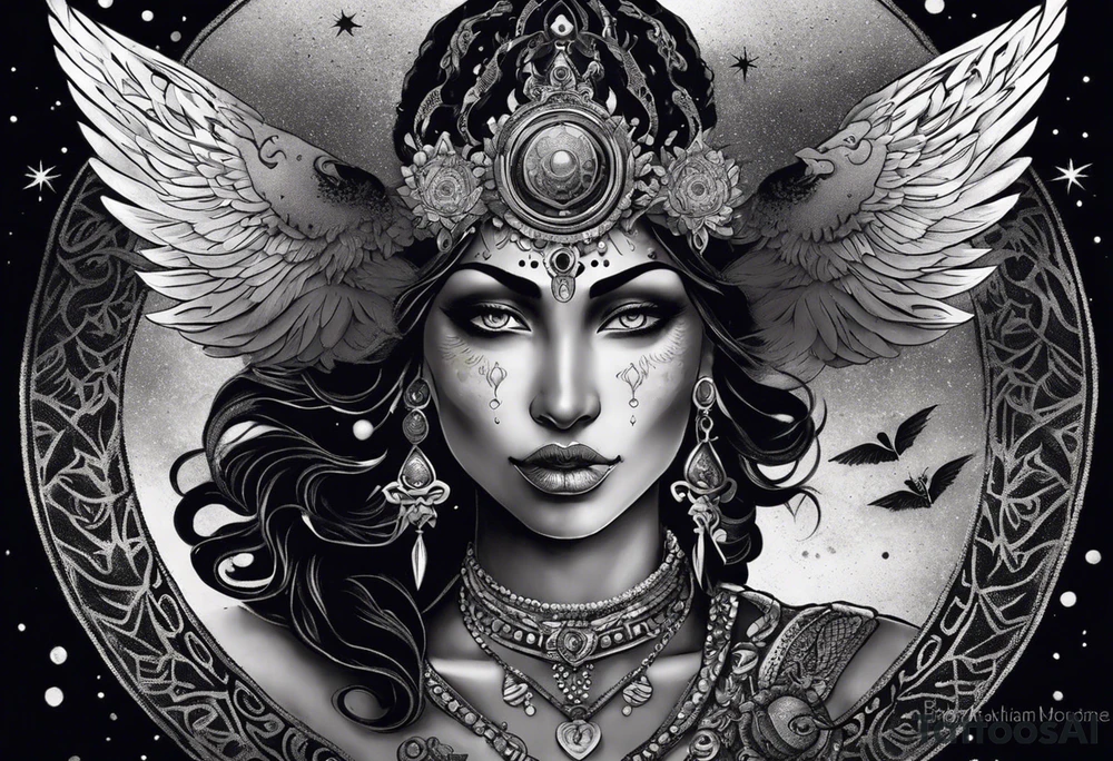 black kali, goddess pirate, alien, angel, pachamama, valkrye, warrior, flying, skull, lotus azul, wing, eagle, zenza resonance, stars, 5D, anahata chakra, death, durga, riding on a tiger, flying lady, kundalini, chest tatoo, samuri, rebel,s erpent tattoo idea
