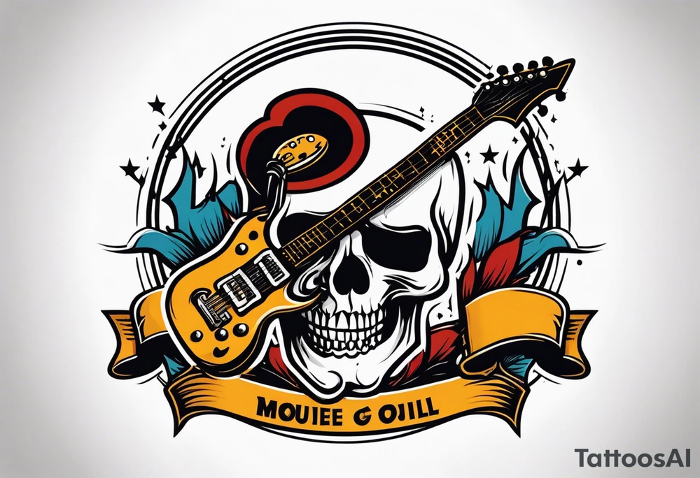 Rock and roll logo with a skull and an electric 
guitar tattoo idea