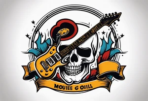 Rock and roll logo with a skull and an electric 
guitar tattoo idea