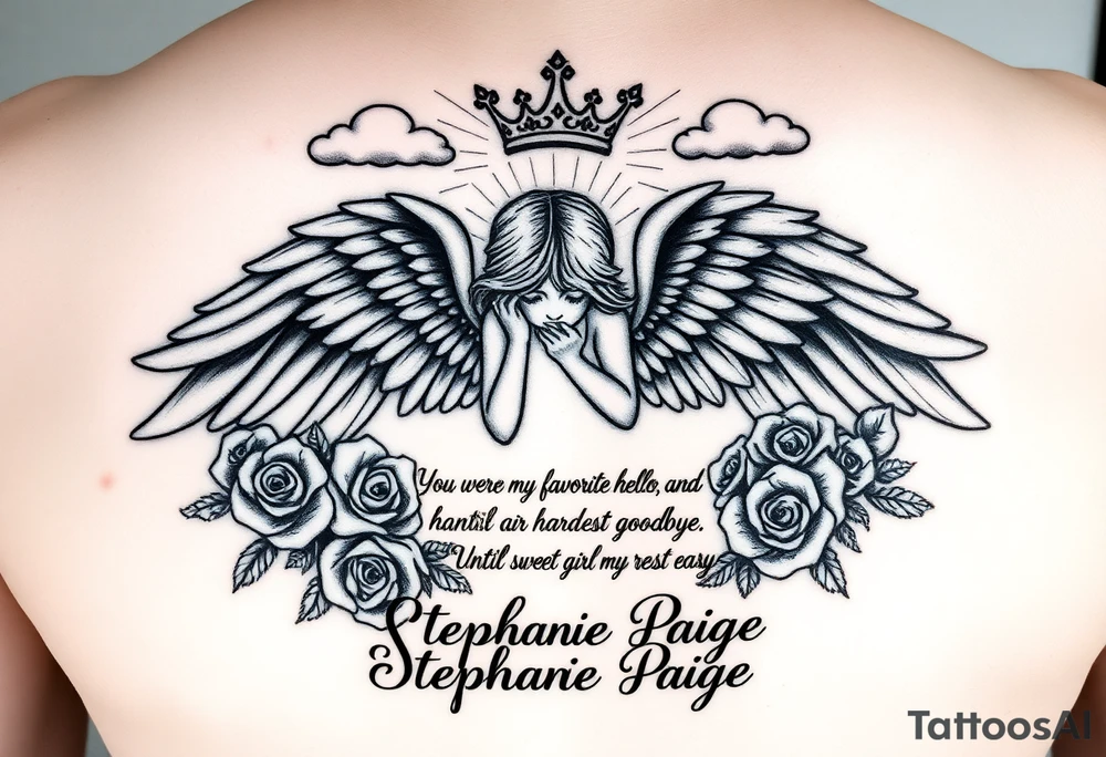 A beautiful memorial tribute tattoo with a fallen angel with big beautiful wings kneeled down crying with roses all around and clouds above and beams of haven shining down. With the saying " You were my favorite hello,and my hardest goodbye.Until we meet again,my sweet girl,rest easy" with the name Stephanie Paige underneath the saying ,all in bold beautiful writing or font. Add a bold crown at the top of it all and any extras you feel would blend or go with this idea. tattoo idea