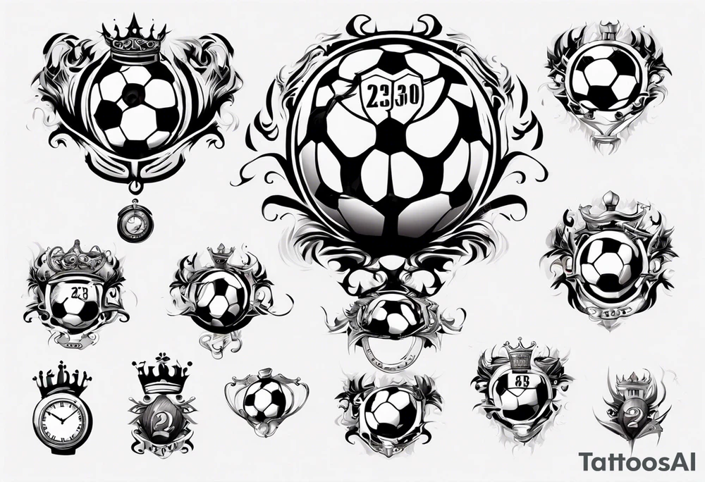 Ballon de football avec le numéro23 ,  une horloge avec une couronne,  le tout avec au fond un taureau tattoo idea
