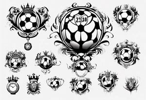 Ballon de football avec le numéro23 ,  une horloge avec une couronne,  le tout avec au fond un taureau tattoo idea