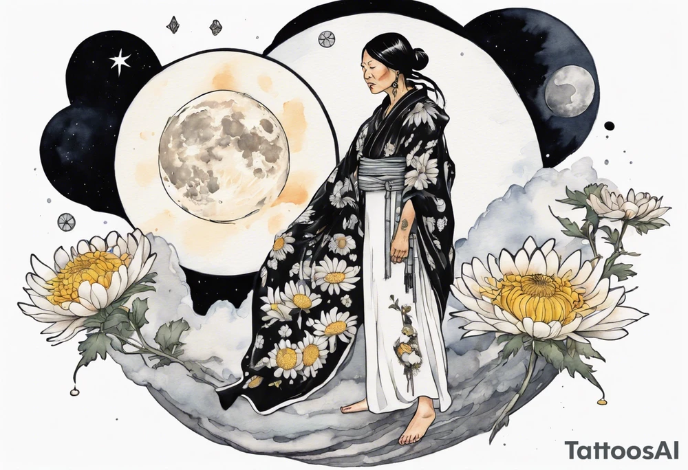 a 50-year-old Anishinaabe woman wearing black and white robes standing on the moon with a chrysanthemum tattoo idea