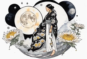 a 50-year-old Anishinaabe woman wearing black and white robes standing on the moon with a chrysanthemum tattoo idea
