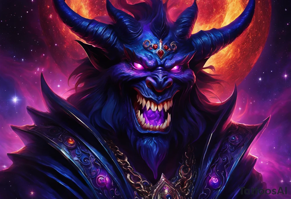 Dominant demonic figure, formidable face with royal king features, has a evil grin and a bit of open mouth with glimpse of devil fang teeth, similar to skull features, framed by deep-set glowing galaxy eyes, head has prominent purple deep blue flames (No horns). colour scheme is recognizable swirling galaxy-shaped textures with fiery peacock blue green turquoise colour highlights. orange highlights. 
Head will have visible prominent braids in koru maori style with 3-5 hawk feather ends. 

it will frontal totem figure and will sit on top of huge torii gate (Japanese) tattoo idea