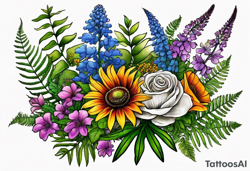 saturated mixed wildflower bouquet with ferns and detailed with color tattoo idea