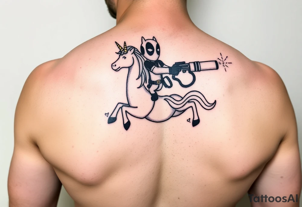 Deadpool riding unicorn pointing rocket propelled grenade launcher tattoo idea