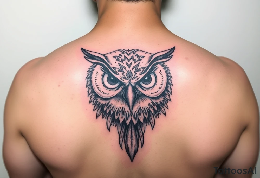 Abstract large colored tripping eye owl with less feathers by chin tattoo idea