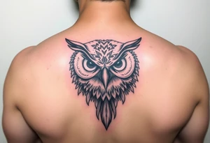 Abstract large colored tripping eye owl with less feathers by chin tattoo idea