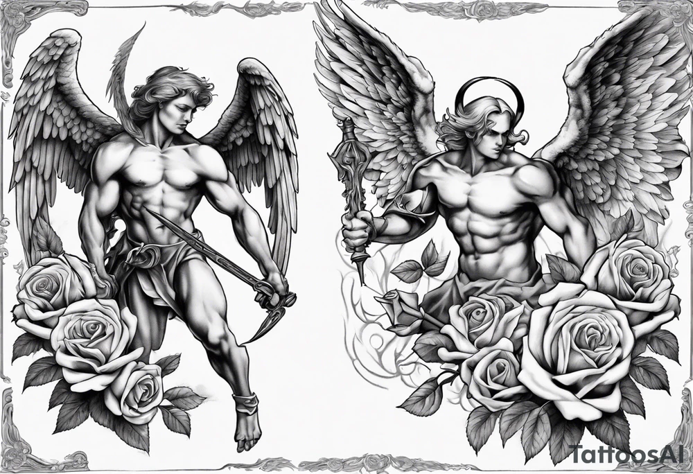 Archangel fighting a demon with roses tattoo idea