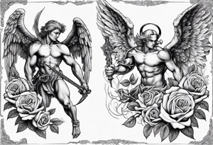 Archangel fighting a demon with roses tattoo idea