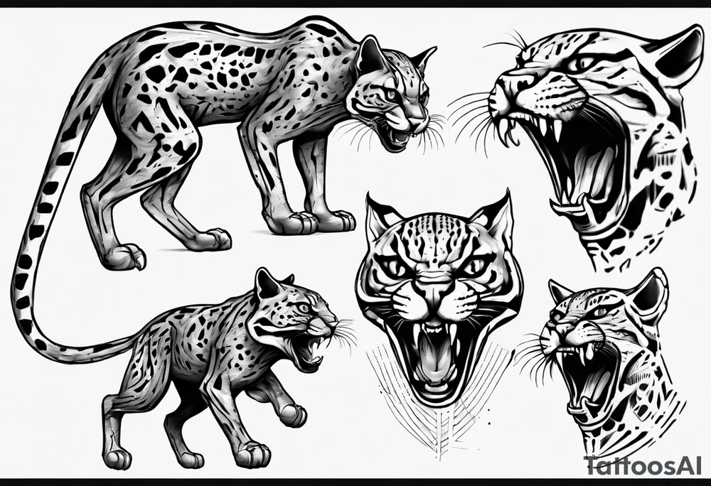 cybernetic ocelot full body roar tattoo idea