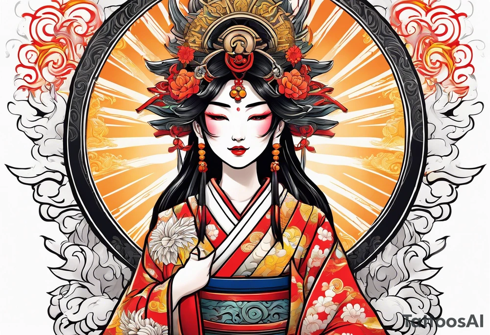 Japanese sun goddess Amaterasu with headdress tattoo idea