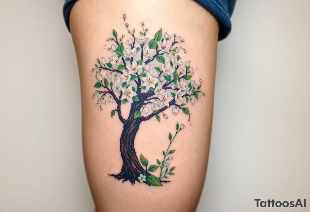Flowering hawthorne tree with white lilly of the vally bell plants planted by  tree with other lilly plants t8q tattoo idea