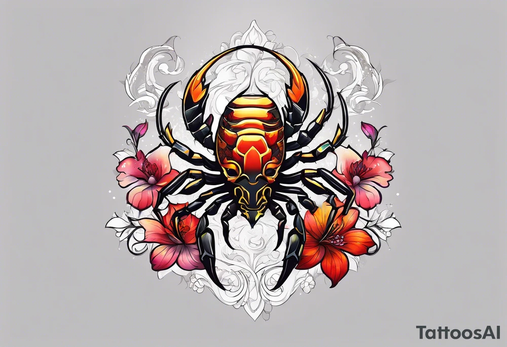 futuristic scorpion animation with flowers bloody tattoo idea
