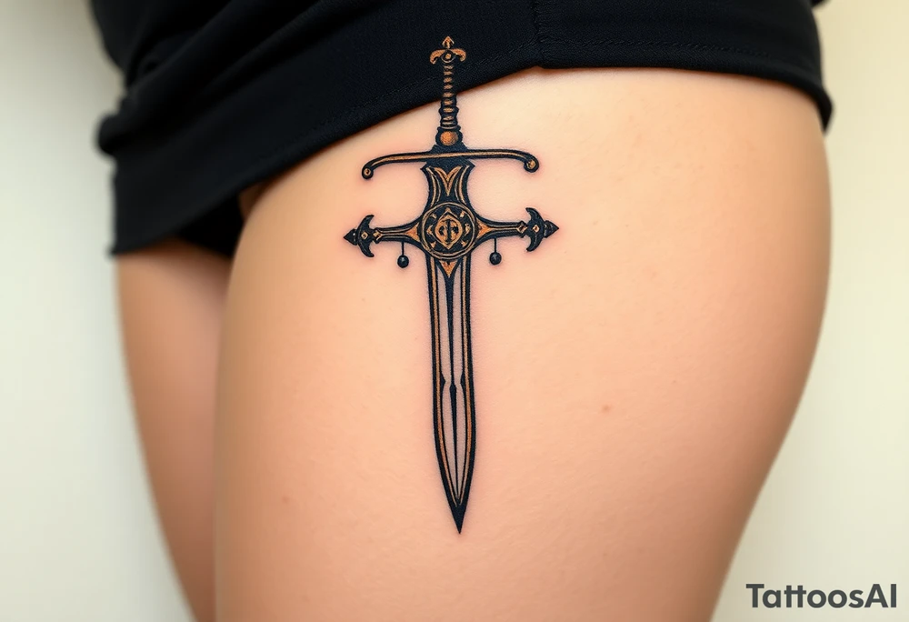 A medieval sword-shaped "T" in iron black with bronze highlights. tattoo idea