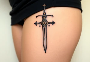 A medieval sword-shaped "T" in iron black with bronze highlights. tattoo idea
