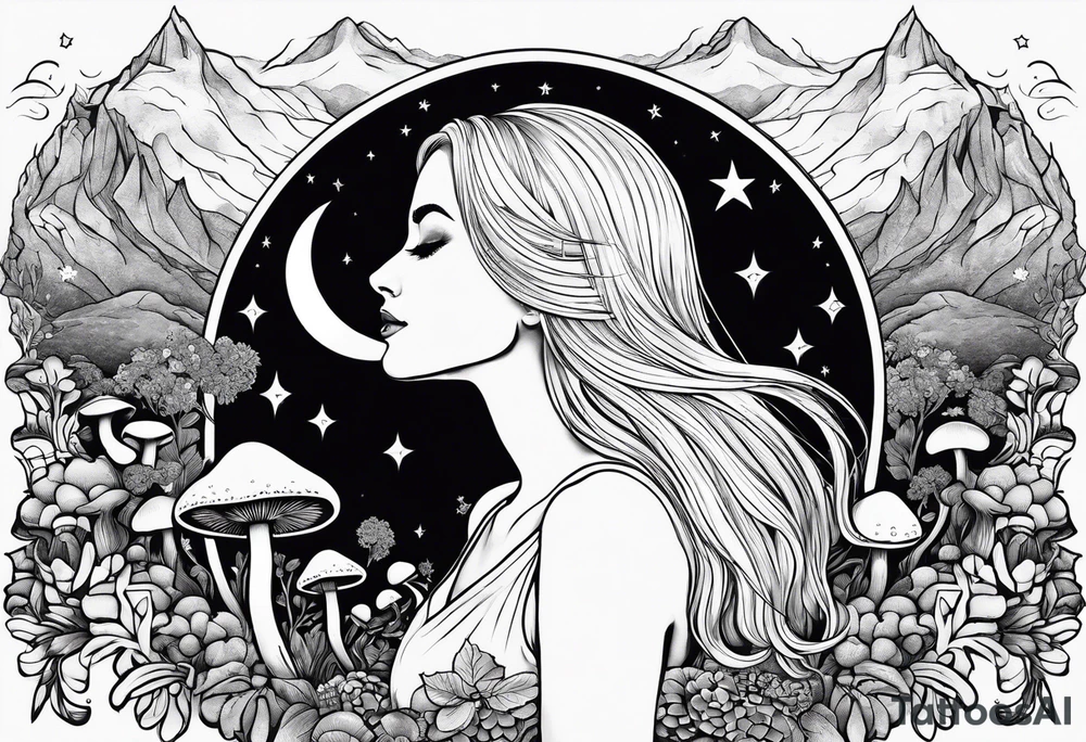 Blonde long straight hair older woman surrounded by mushrooms mountains crescent moon background tattoo idea