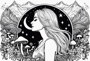 Blonde long straight hair older woman surrounded by mushrooms mountains crescent moon background tattoo idea