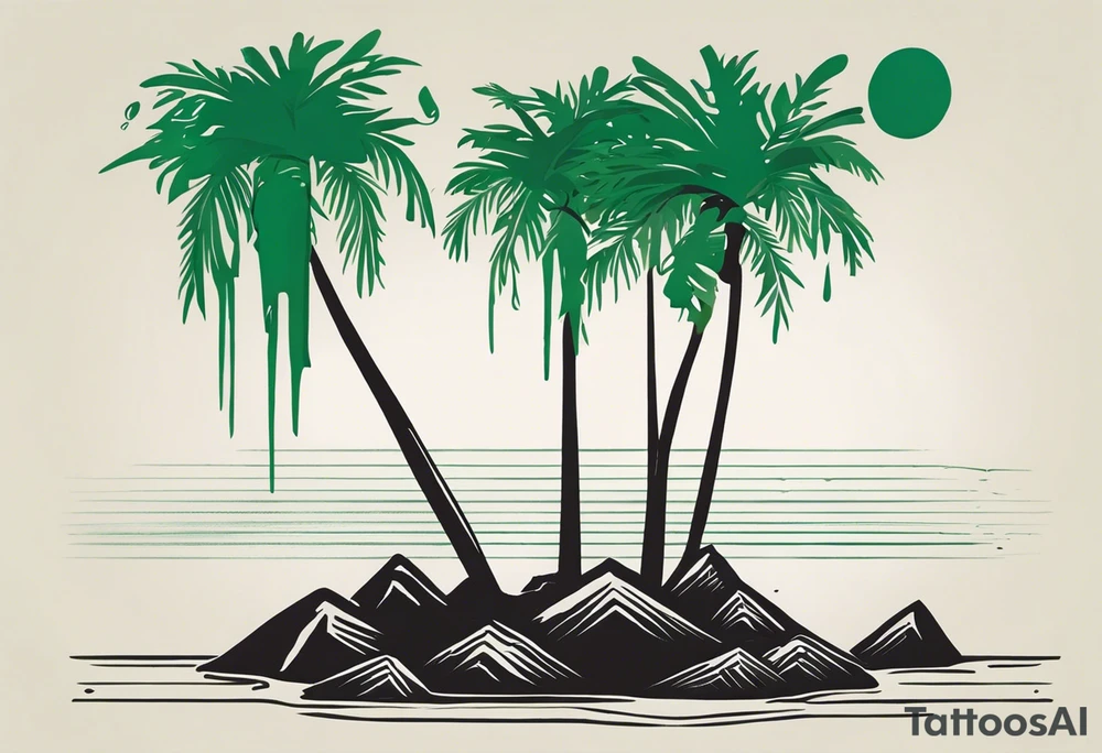 Tattoo: A striking Gachala emerald sits at the base of a tall quindio wax palm, which grows resiliently from cracks in rugged, rocky soil. The emerald is the main focal point, symbolizing strength and endurance, while the wax palm, rooted in the soil’s crevices, represents growth and resilience. A small water stream flows gently from the rocks, adding an element of life and nourishment. Style: Minimalist. tattoo idea