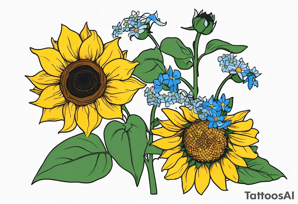 2 sunflowers with forget me nots intertwined tattoo idea