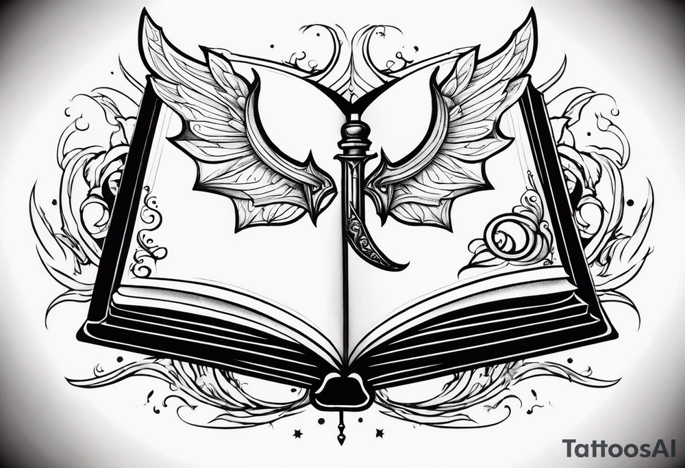 an empty open book with a sword through it, dragonwings and sparks surrounding the book. small design tattoo idea