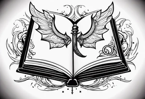 an empty open book with a sword through it, dragonwings and sparks surrounding the book. small design tattoo idea