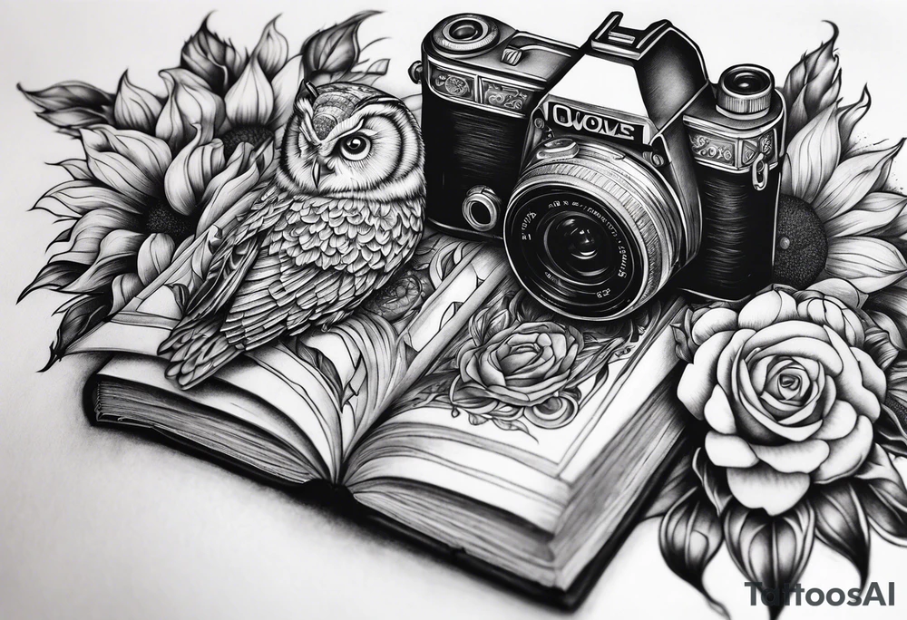 Sunflower, camera, book, owl, flower rose tattoo idea