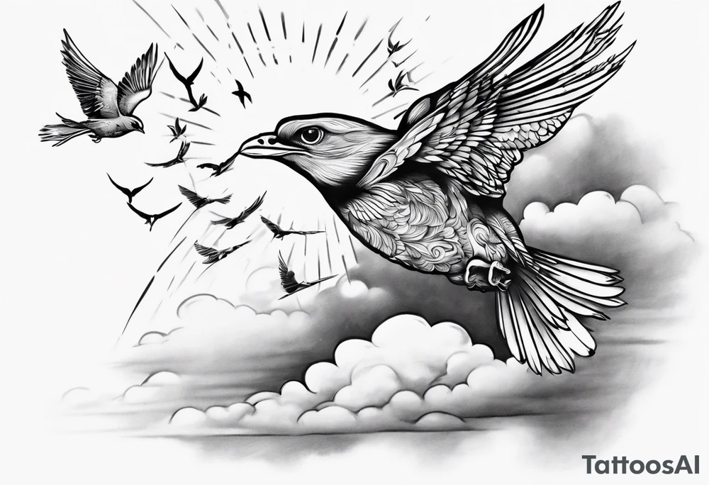 a shoulder tattoo with lots of rays of light in gradient, clouds and birds flying free tattoo idea