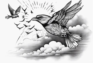 a shoulder tattoo with lots of rays of light in gradient, clouds and birds flying free tattoo idea