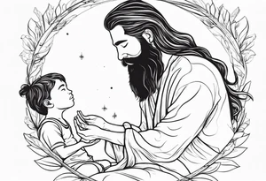 mindful father with long hair and a beard performing transition ritual with young boy tattoo idea