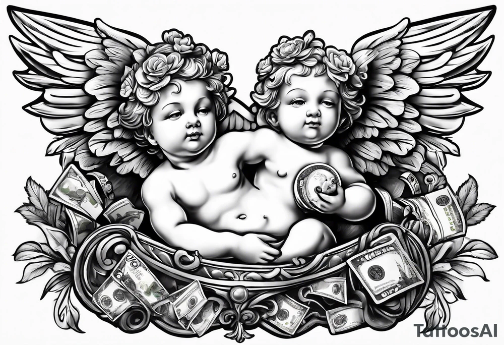 a cherub floating with a money bag. no boarders tattoo idea a cherub floating with a money bag. no boarders tattoo idea
