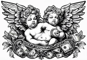 a cherub floating with a money bag. no boarders tattoo idea
