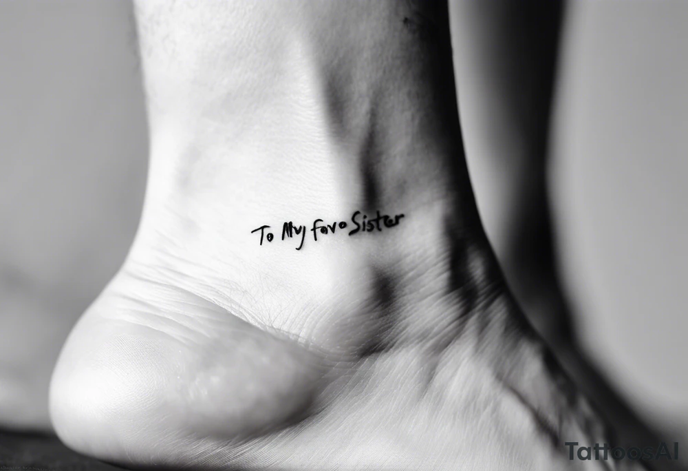 The handwritten words "to my favorite sister" written in a simple way with a delicate, fine line tattoo. Include a small puzzle piece. located on a ankle tattoo idea
