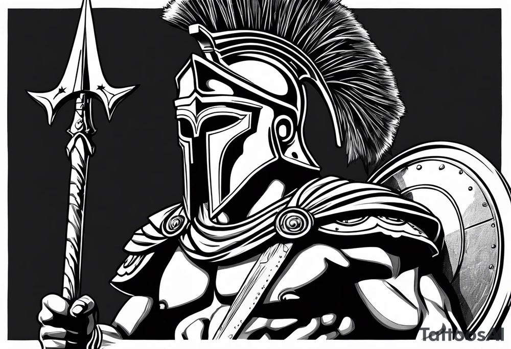 greek spartan warriors black face under the helmet, holding a spear tattoo idea
