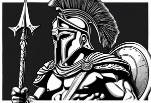 greek spartan warriors black face under the helmet, holding a spear tattoo idea
