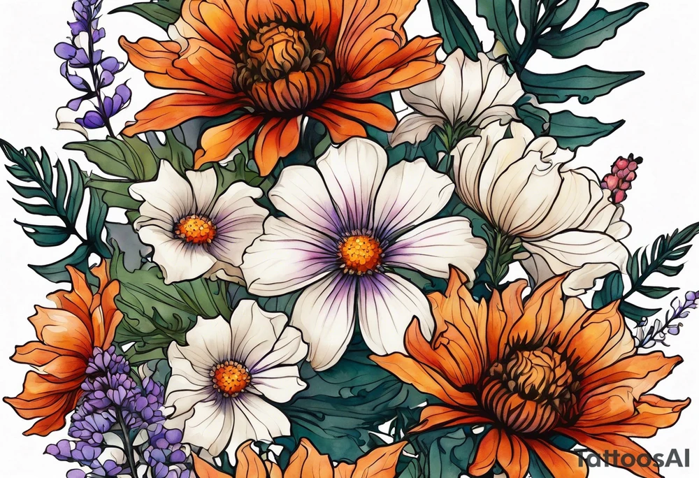 cascading mixed colored wildflowers with thistles, ferns, burnt orange flowers all in color tattoo idea