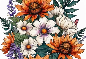cascading mixed colored wildflowers with thistles, ferns, burnt orange flowers all in color tattoo idea