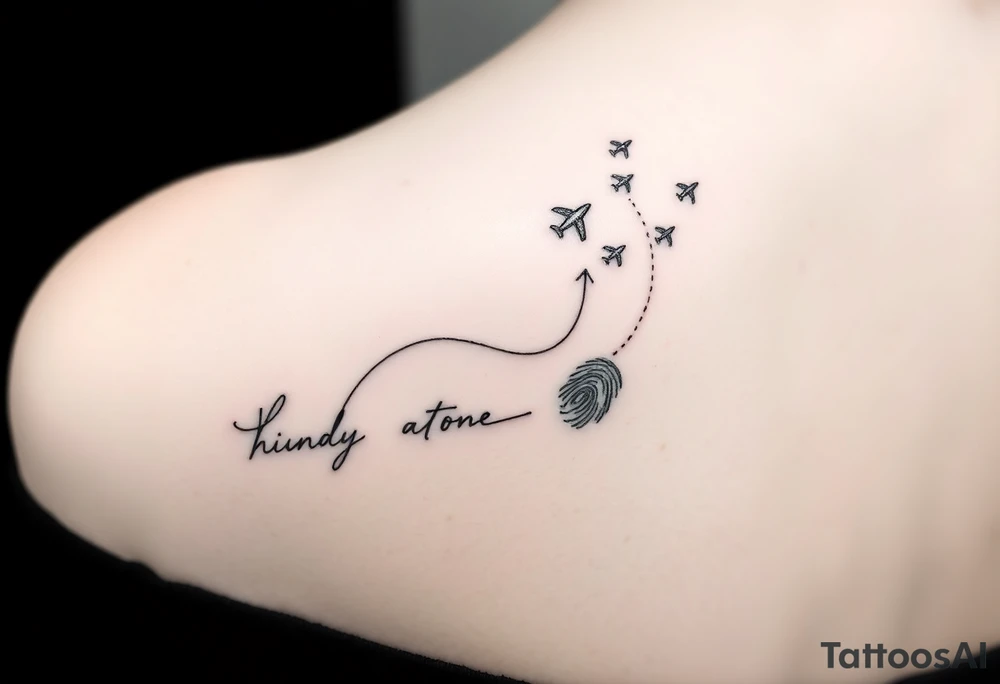 Memorial tattoo using line drawing style in black with shading. The design should flow up from his signature on the bottom, shading into fingerprints and the melting into small planes flying away to the top right. This will go on the left shoulder. tattoo idea